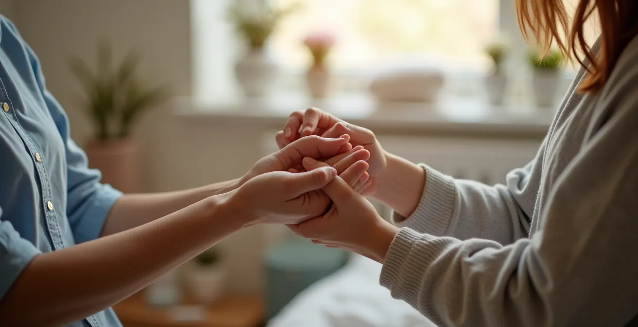 Mère en position d'allaitement pratiquant l'auto-drainage du bras
